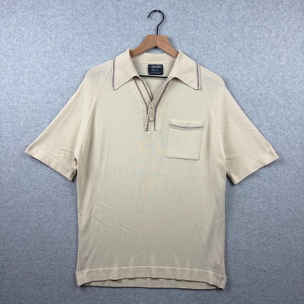 Vintage Puritan Ban Lon Knit Polo Shirt Mens Large Cream 60s 70s Rockabilly Mod